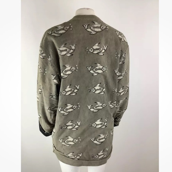 Sam Hilu Sz M Wearable Art Fish Print Jacket Brown 100% Cotton Button Front - Picture 6 of 7